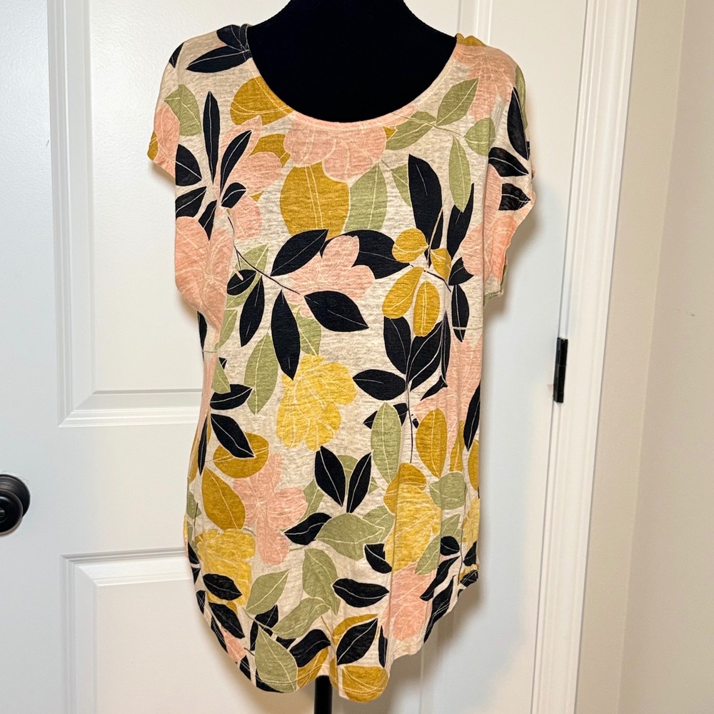 Rachel Zoe 100% Linen Floral Leaf Print Scoop Neck Top XL Lightweight Boho